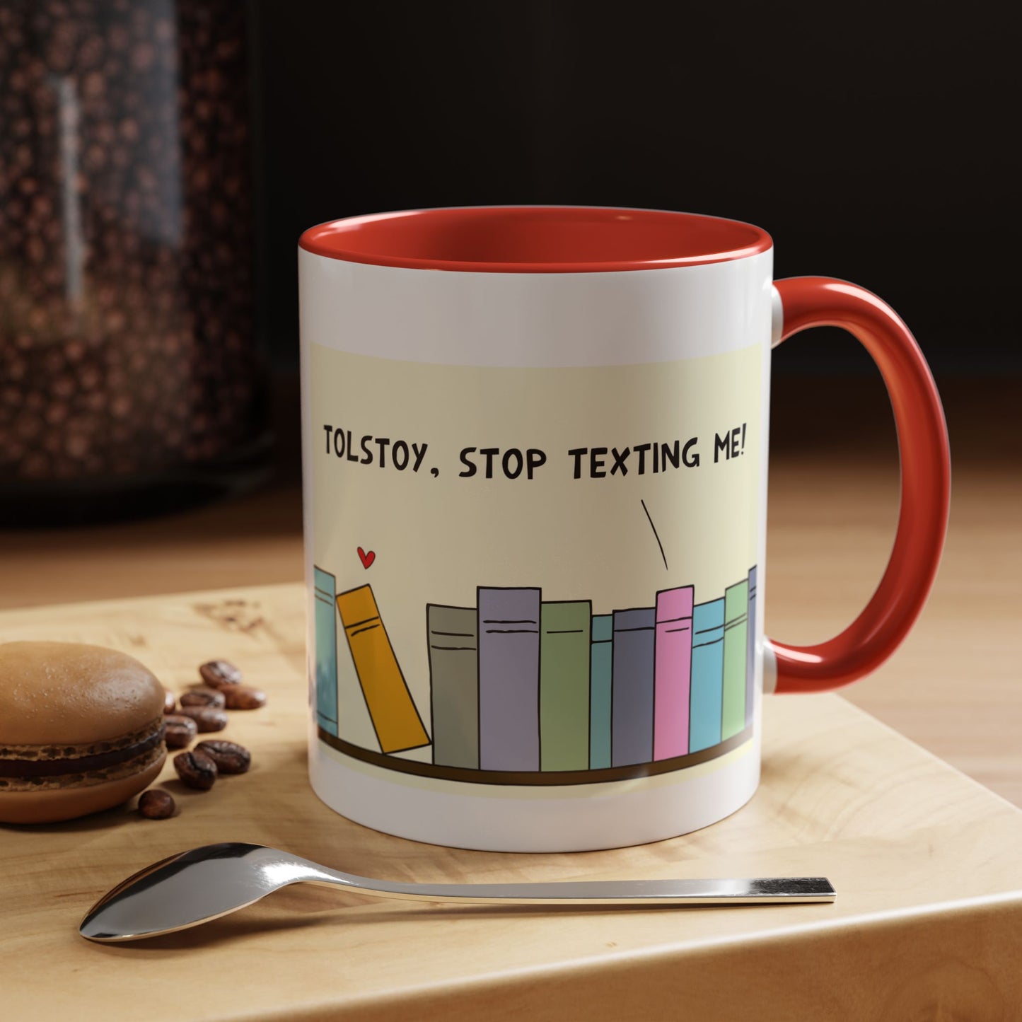 Funny Pun With Books And Tolstoy Texting His Lover In The Public Library Coffee Mug 11 oz