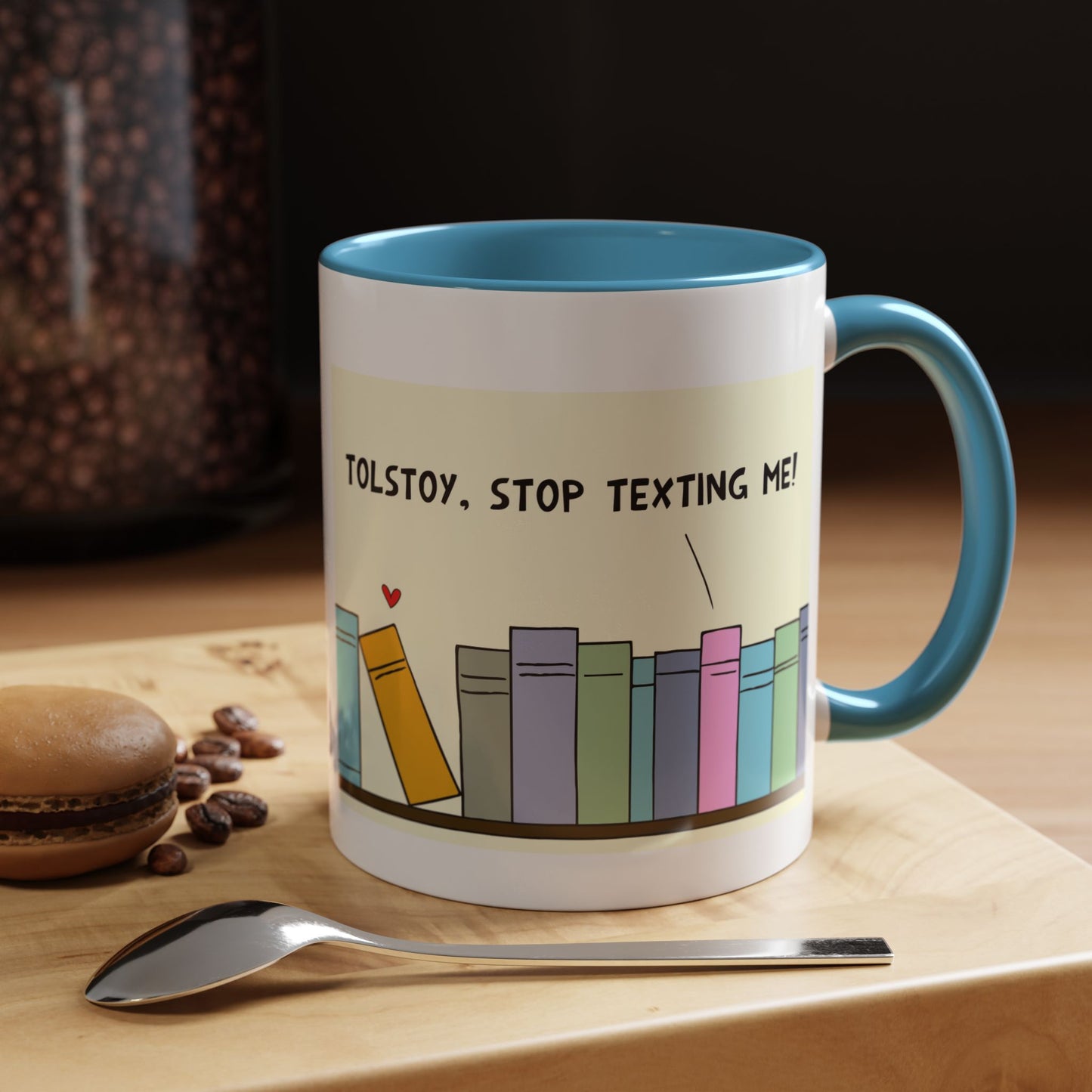 Funny Pun With Books And Tolstoy Texting His Lover In The Public Library Coffee Mug 11 oz