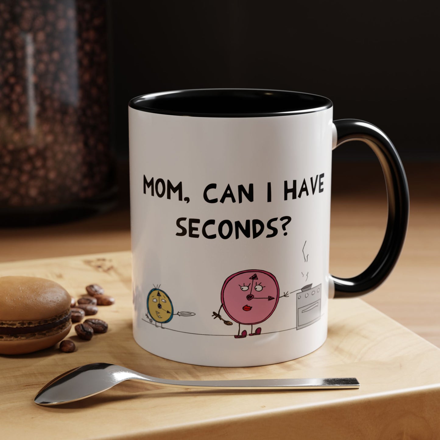 Funny Pun With Mother And Child At A Family Dinner And Second Servings Clocks Cartoon Accent Coffee Mug 11 oz