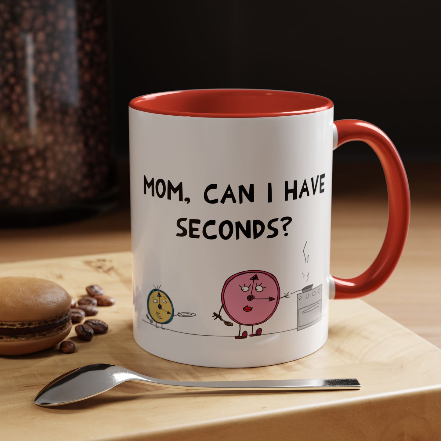 Funny Pun With Mother And Child At A Family Dinner And Second Servings Clocks Cartoon Accent Coffee Mug 11 oz