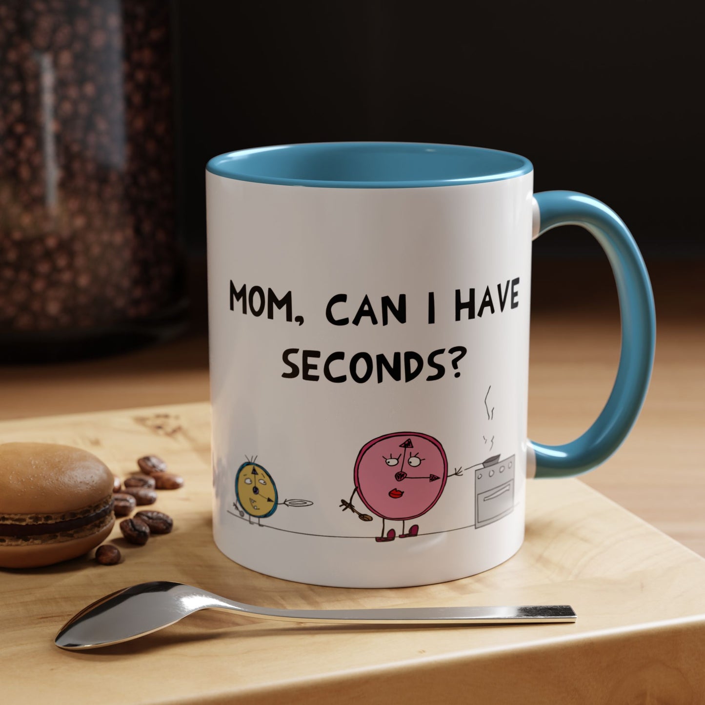 Funny Pun With Mother And Child At A Family Dinner And Second Servings Clocks Cartoon Accent Coffee Mug 11 oz