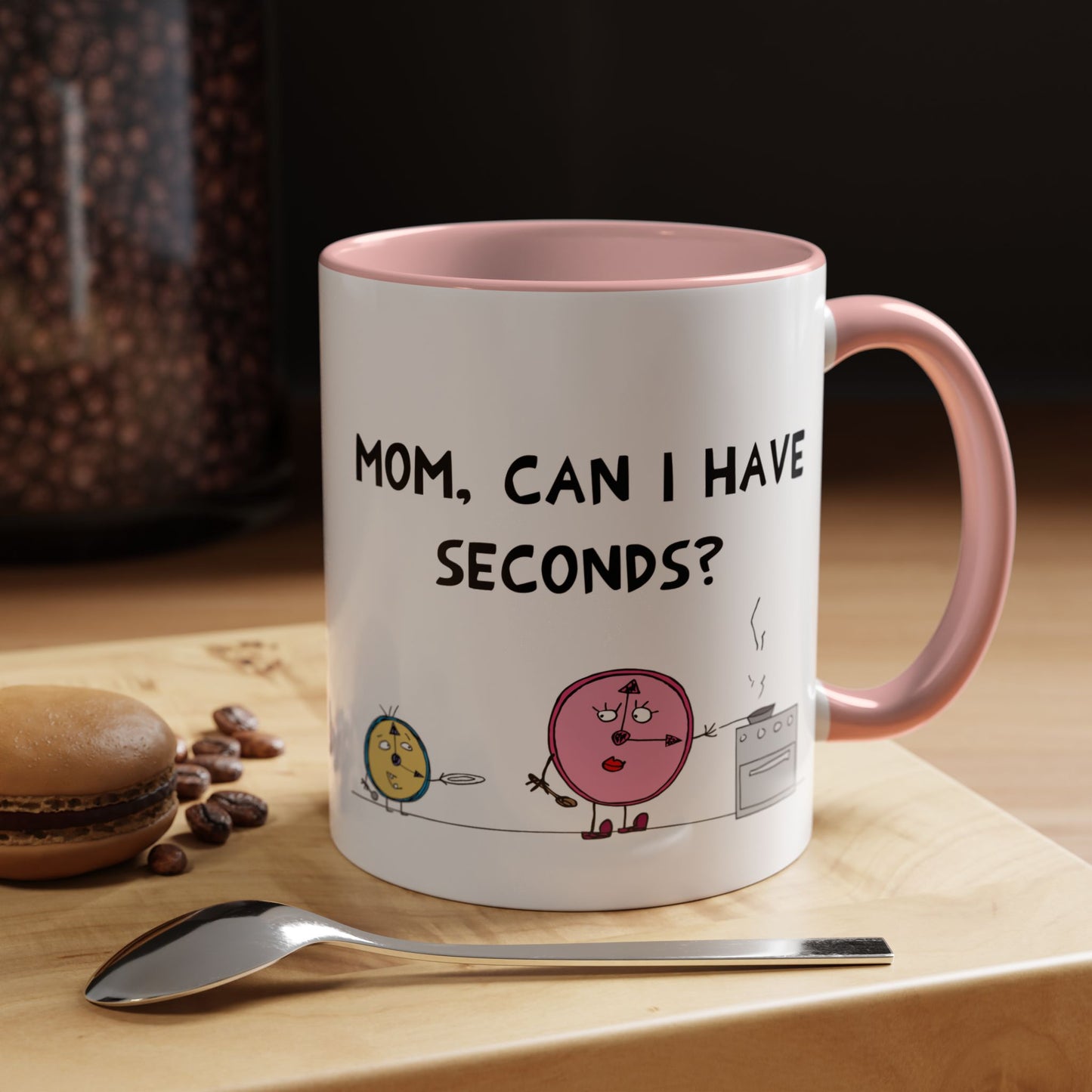 Funny Pun With Mother And Child At A Family Dinner And Second Servings Clocks Cartoon Accent Coffee Mug 11 oz