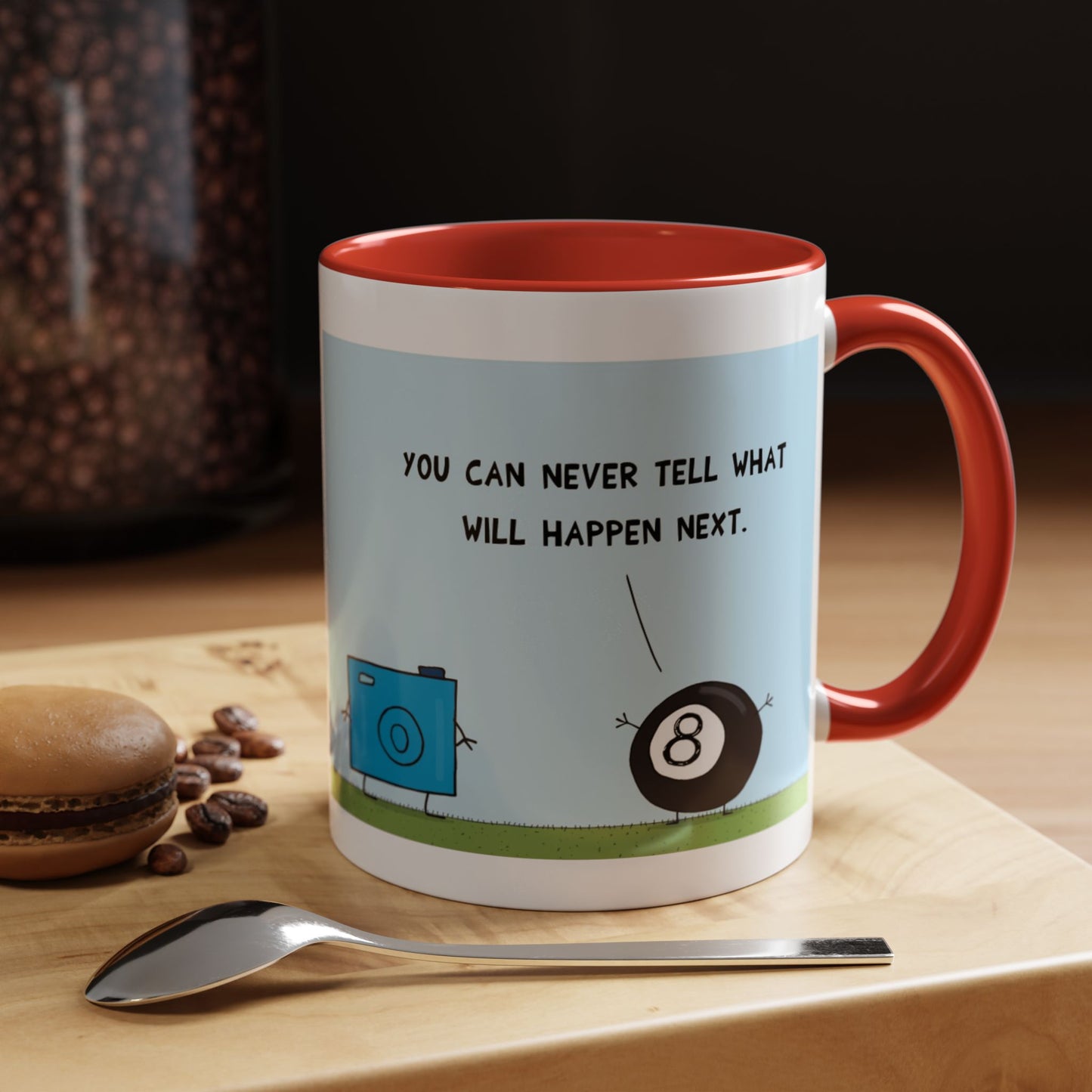 Funny Pun With Eight Ball Saying You Can Not Tell The Future To A Blue Digital Camera cartoon Accent Coffee Mug 11oz