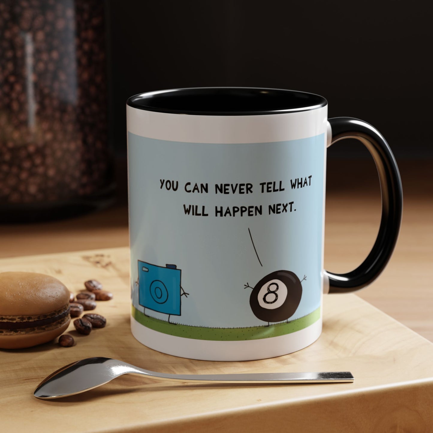 Funny Pun With Eight Ball Saying You Can Not Tell The Future To A Blue Digital Camera cartoon Accent Coffee Mug 11oz