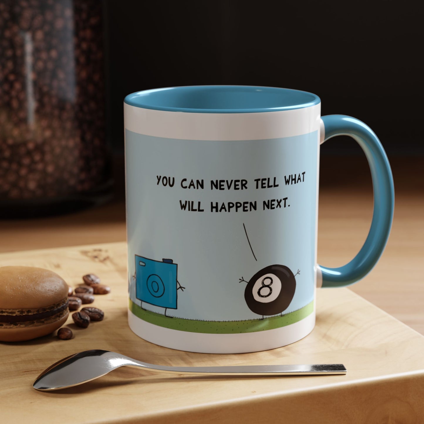 Funny Pun With Eight Ball Saying You Can Not Tell The Future To A Blue Digital Camera cartoon Accent Coffee Mug 11oz