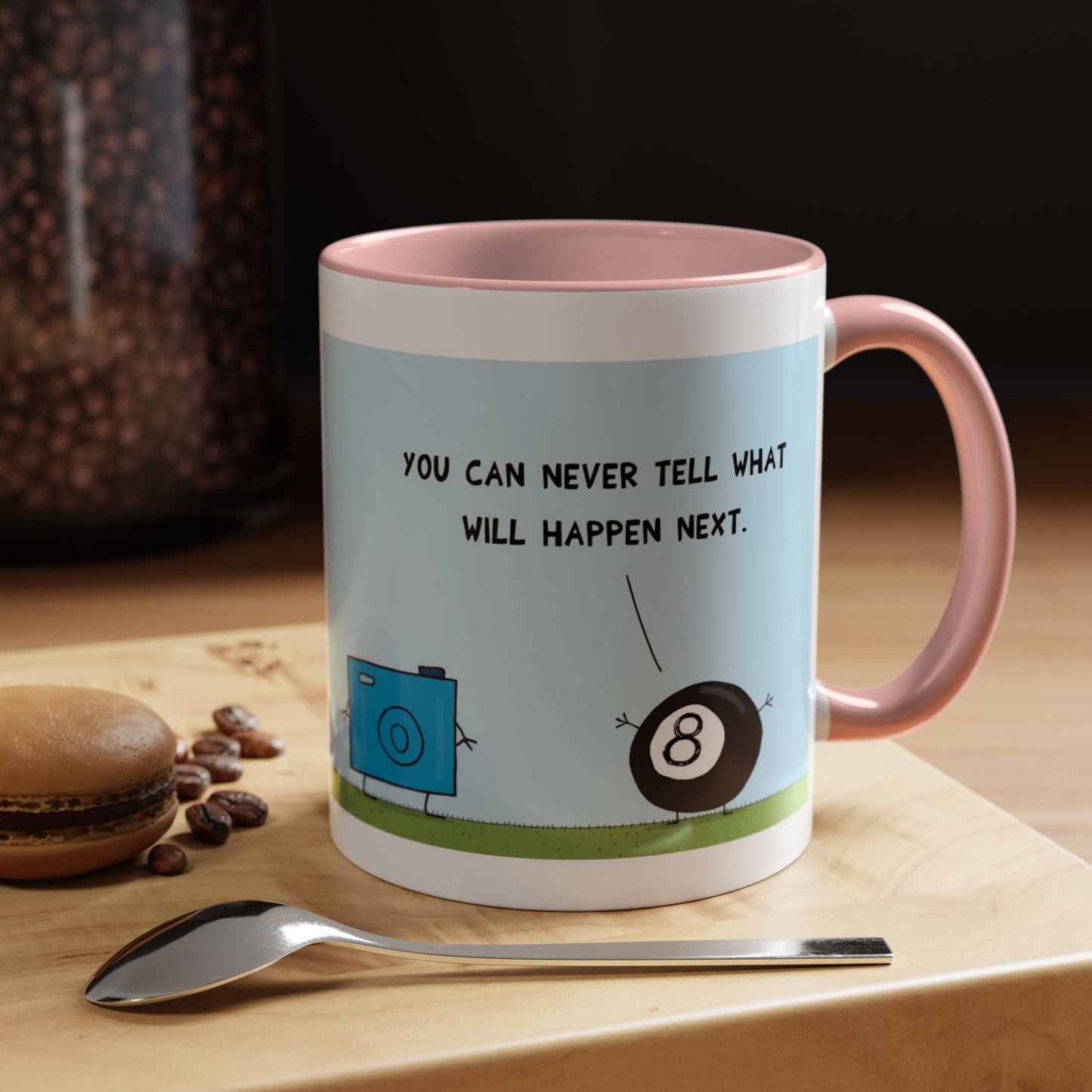 Funny Pun With Eight Ball Saying You Can Not Tell The Future To A Blue Digital Camera cartoon Accent Coffee Mug 11oz