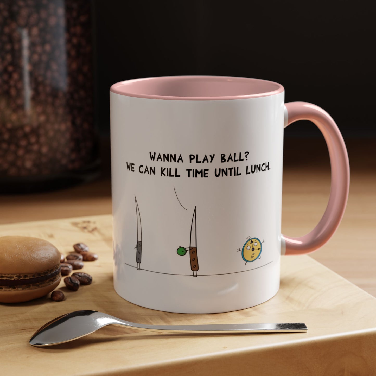 Kill Time Pun With 2 Knives Playing Ball and A Running Time Clock Accent Coffee Mug 11oz