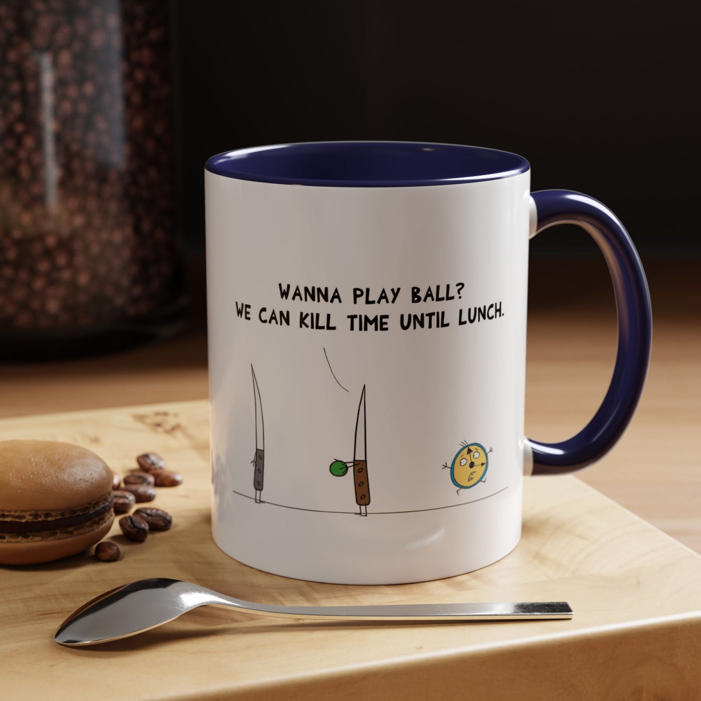 Kill Time Pun With 2 Knives Playing Ball and A Running Time Clock Accent Coffee Mug 11oz