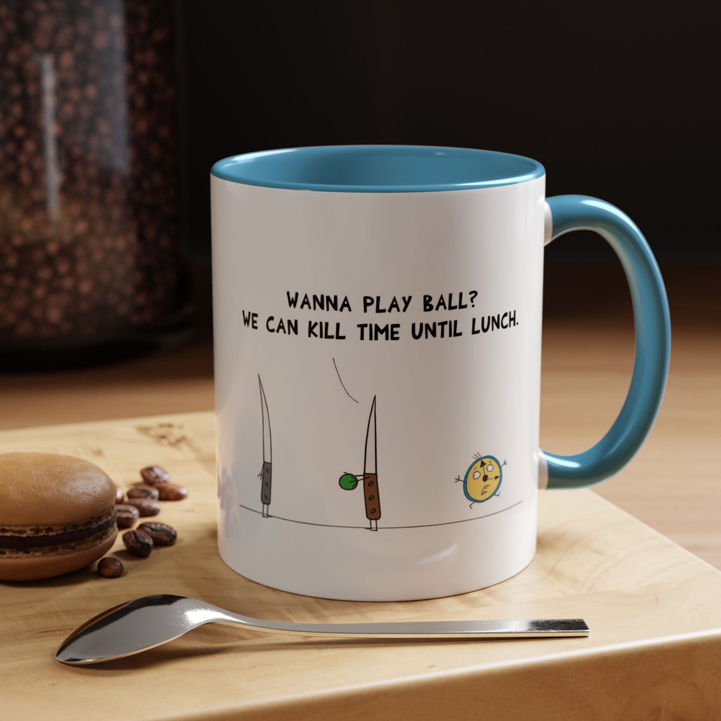 Kill Time Pun With 2 Knives Playing Ball and A Running Time Clock Accent Coffee Mug 11oz