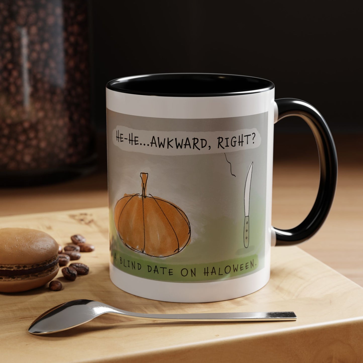 The Blind Date On Halloween Cartoon Watercolor And Ink Accent Coffee Mug 11oz and 15oz)