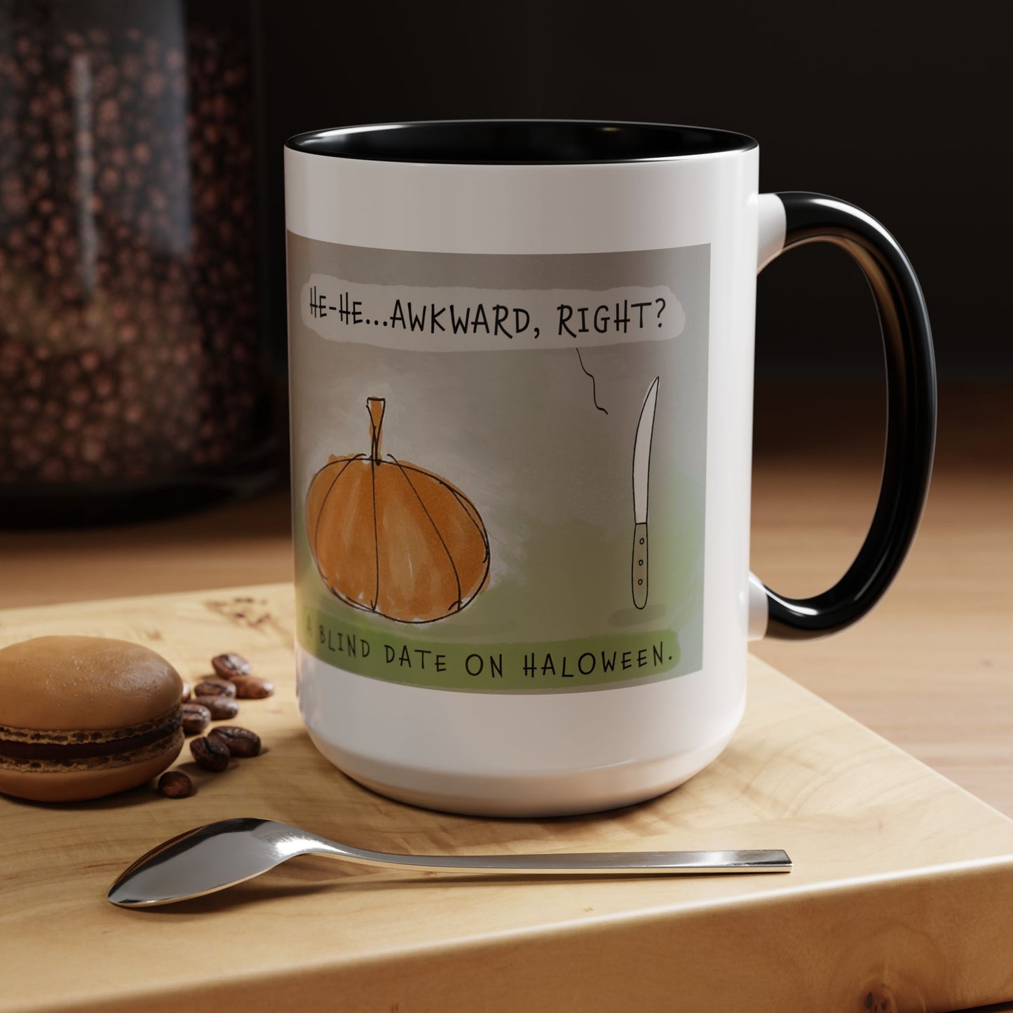 The Blind Date On Halloween Cartoon Watercolor And Ink Accent Coffee Mug 11oz and 15oz)
