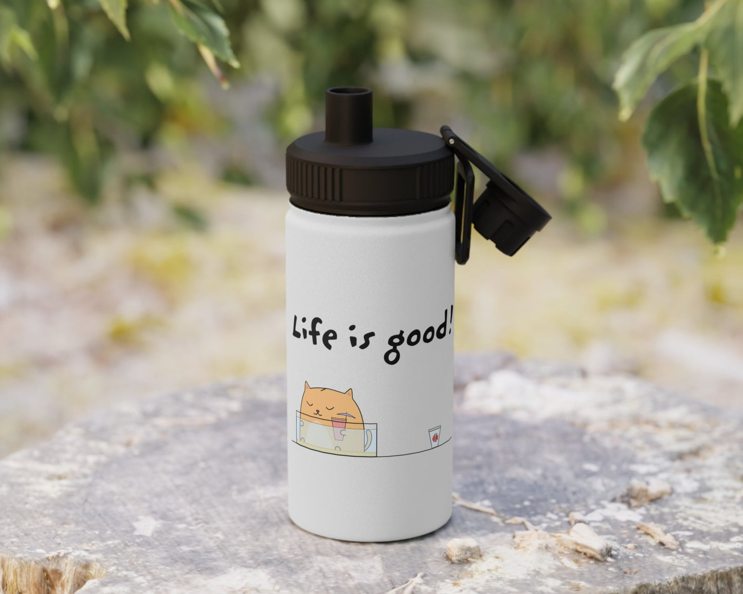 Life Is Good Water Bottle With A Cute Cat And A Fish Stainless Steel 12oz, 18oz, 32oz