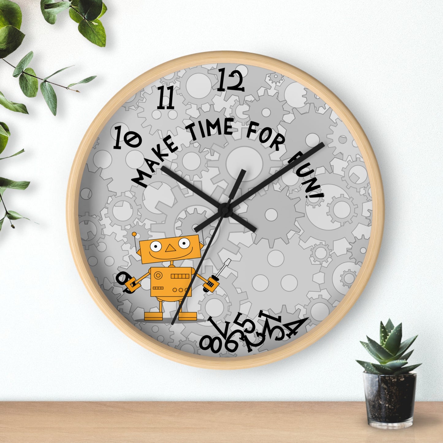 Funny Robot Wall Clock For Kids' Room Make Time for Fun With Black and Wooden Frame 10 inches