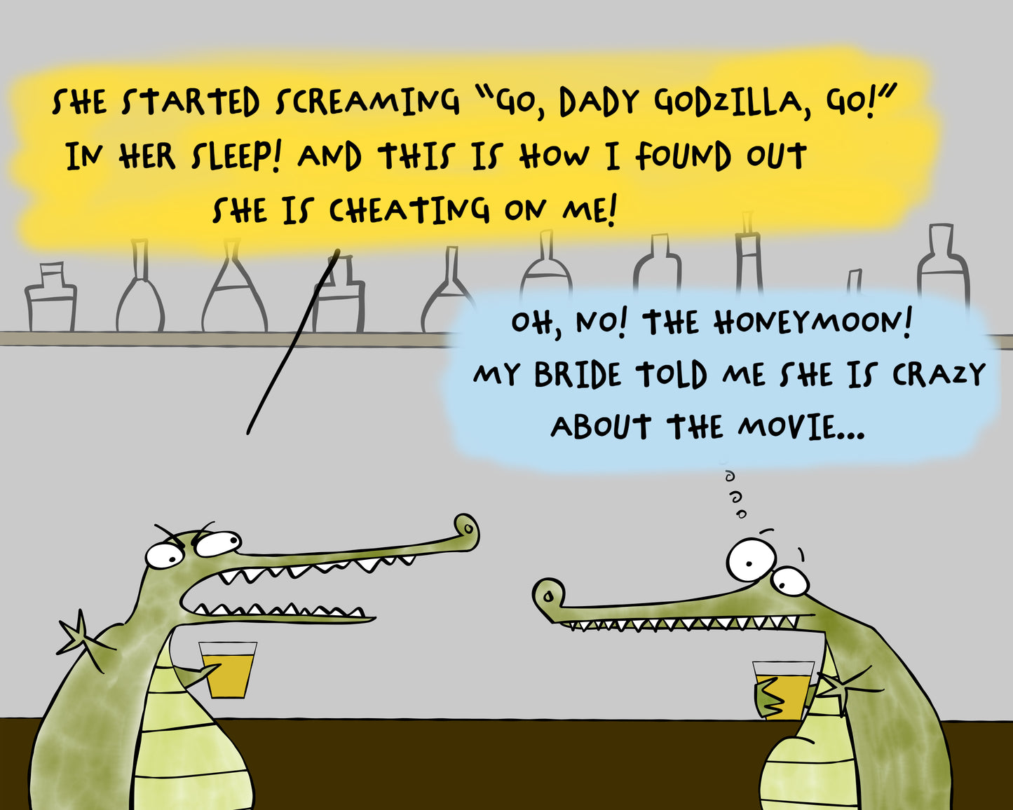Godzilla Love Story With Two Crocodiles In A Bar And The Honeymoon Cartoon Accent Coffee Mug (11, 15oz)
