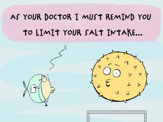 The Doctor And The Blowfish With High Blood Pressure And  Salt Intake cartoon print