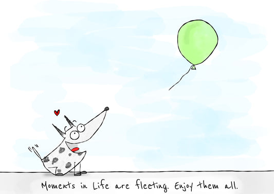 The Fleeting Moments In Life Optimistic Funny White Dog Looking At The Green Balloon high quality print on canvas