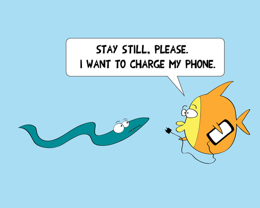 Joke With Electric Eel And The Silly Fish Charging A Cell Phone In The Coffee House cartoon print