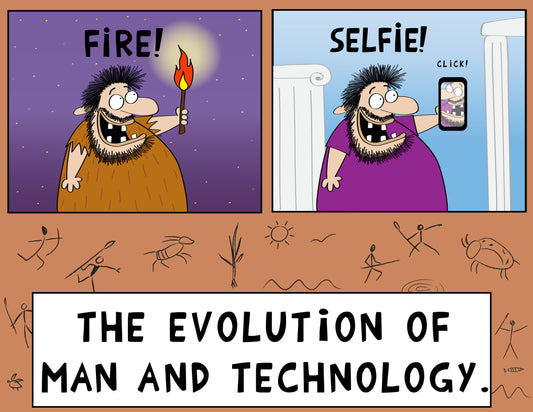 The Evolution Of Man From Caveman Making Fire To A Tourist Making Selfies With iPhone funny cartoon print