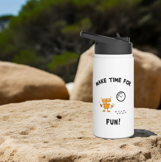 Motivational Make Time For Fun Stainless Steel Water Bottle With Cartoon Robot for Boys Eco-Friendly Hydration
