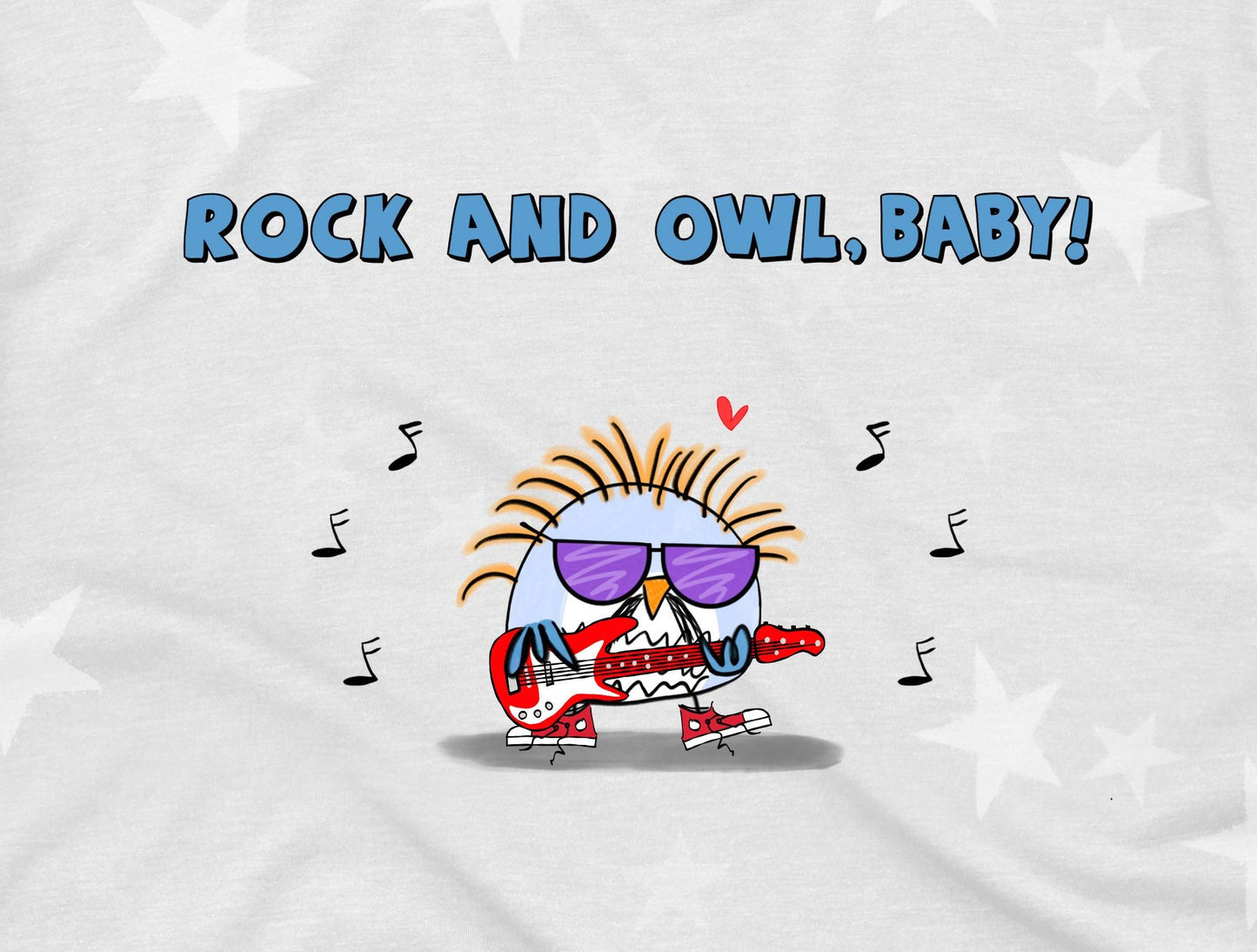 80's Classic Rock Funny Shirt Owl With Mustache Playing Guitar Rock And Roll, Baby! cotton t-shirt