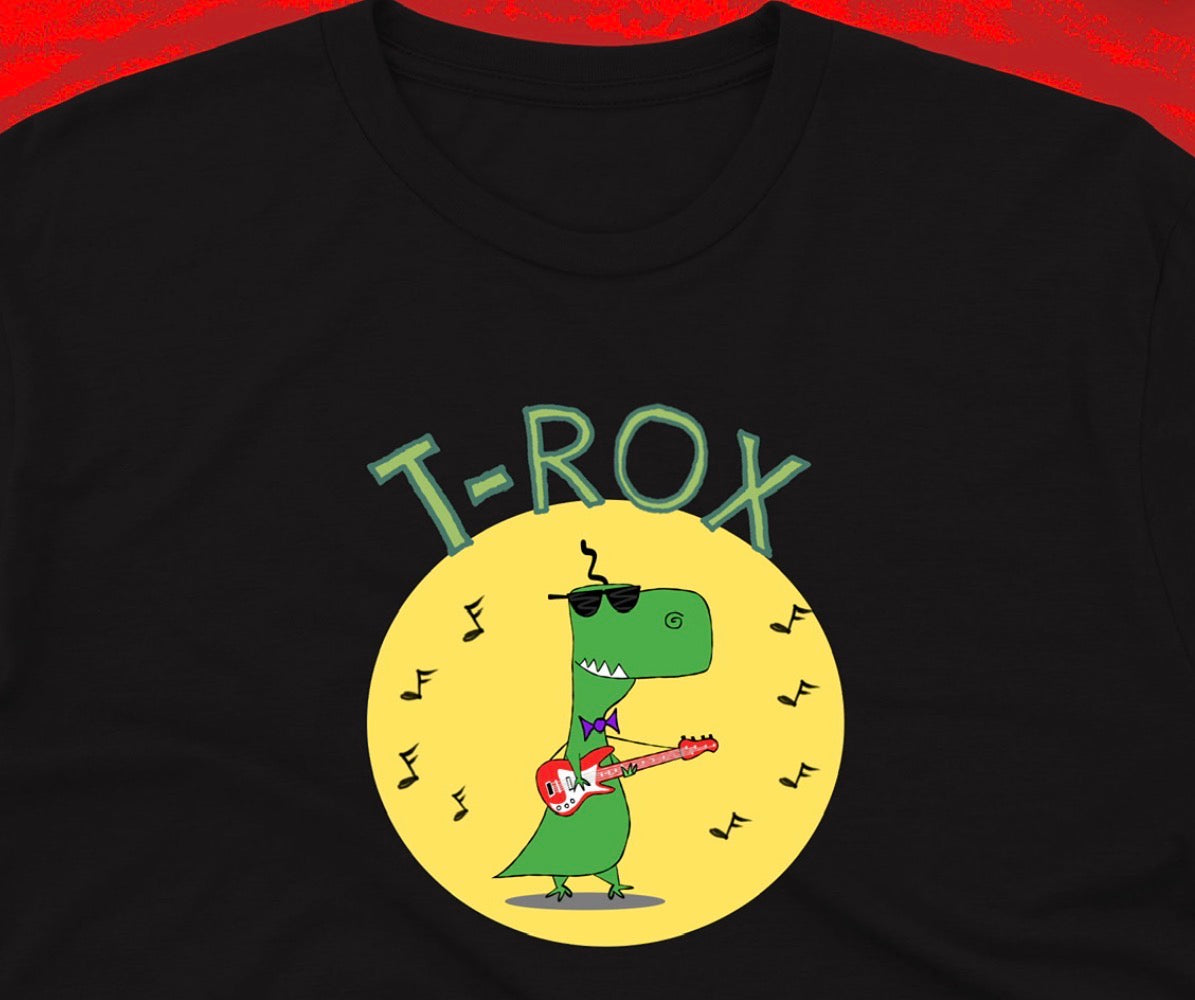 The Cool Teenage T-Rex With Sunglasses Playing Rock Music on a Red Electric Guitar shirt for teens