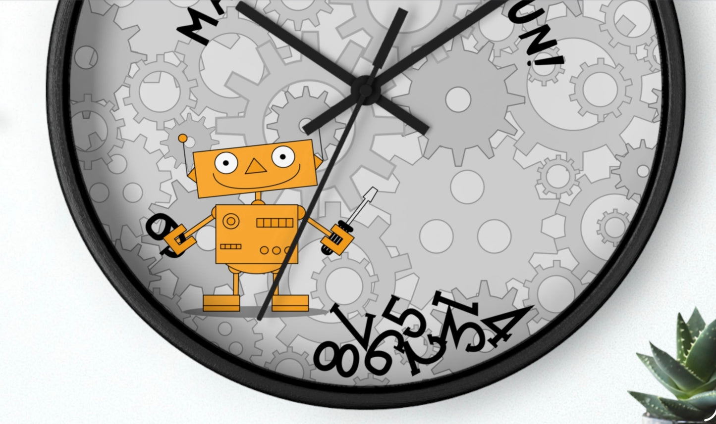 Funny Robot Wall Clock For Kids' Room Make Time for Fun With Black and Wooden Frame 10 inches