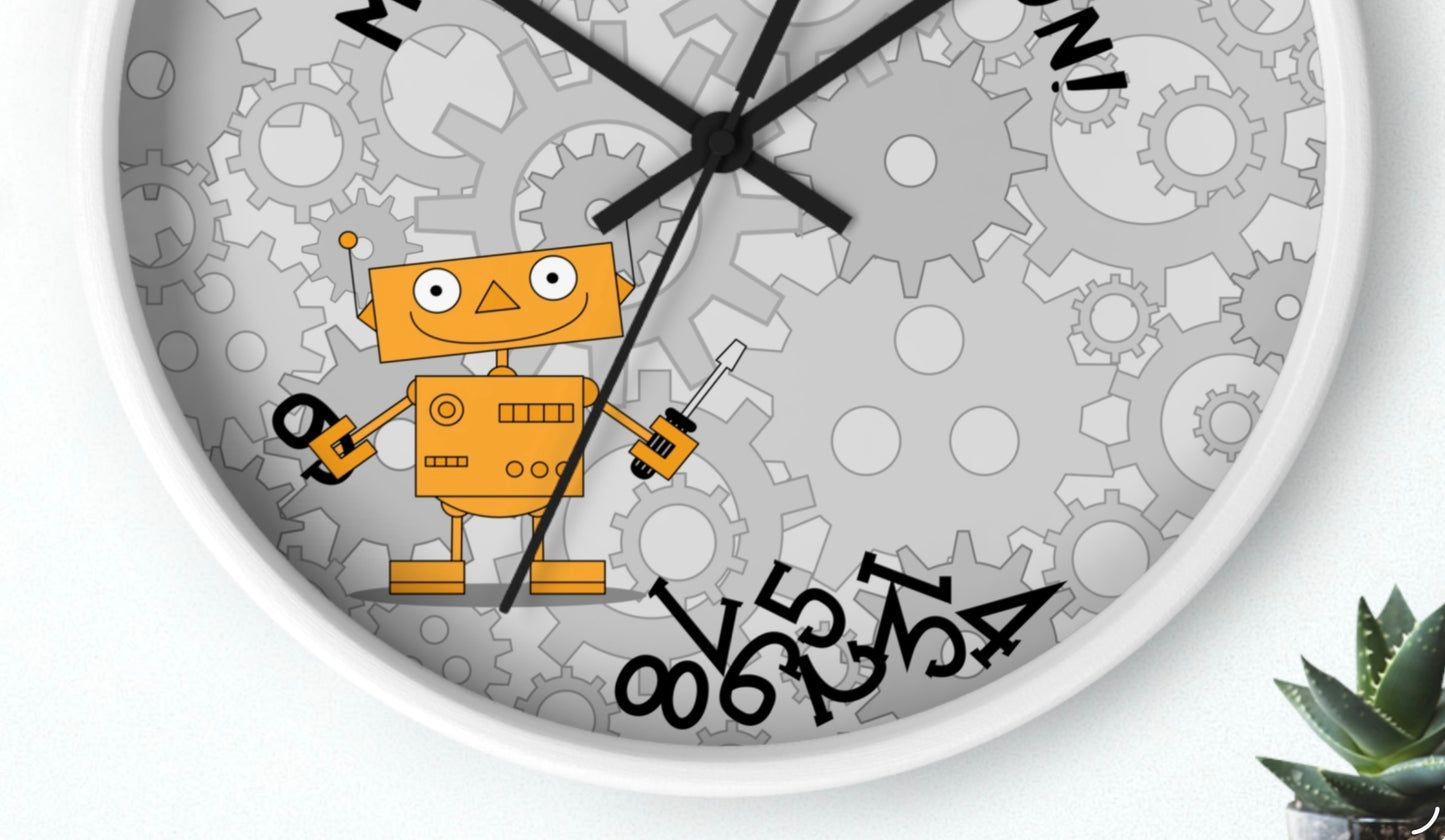 Funny Robot Wall Clock For Kids' Room Make Time for Fun With Black and Wooden Frame 10 inches