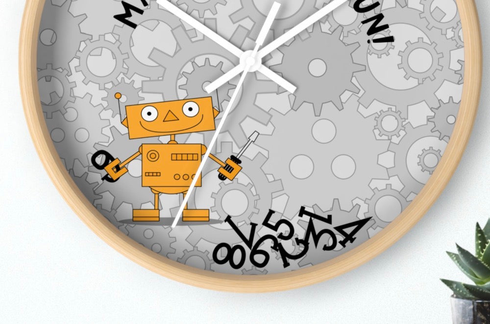 Funny Robot Wall Clock For Kids' Room Make Time for Fun With Black and Wooden Frame 10 inches