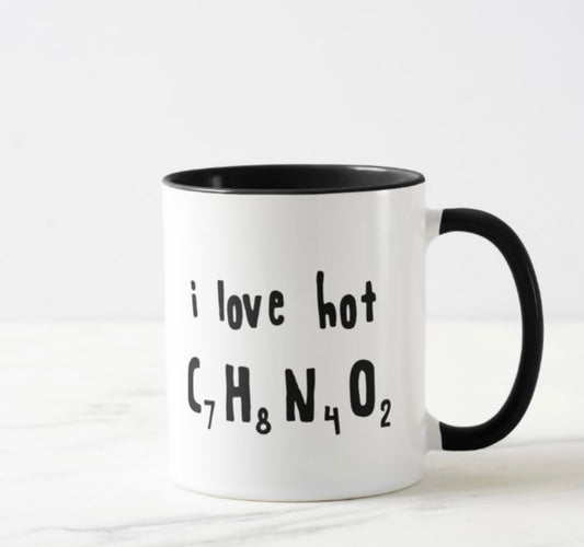 I Love Hot Chocolate funny mug with the molecular formula for chocolate 11oz
