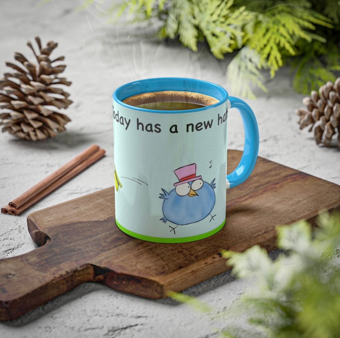 Mug With Optimism Message About Today Cartoon Of Running Blue Bird Wearing A Pink Fedora Hat accented mug 11oz