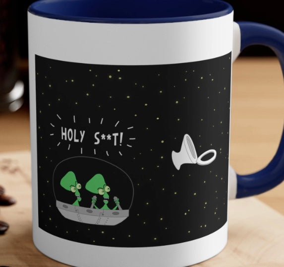 Two Weird Aliens And A Toilet Seat In Space Dad Joke Cartoon On 11oz Accent Coffee Mug