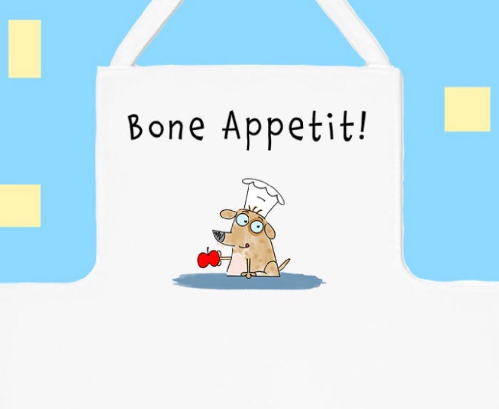 Apron For Dog Lovers With A Cute Brown Dog Chef Holding A Red Apple Bon Appetite Joke