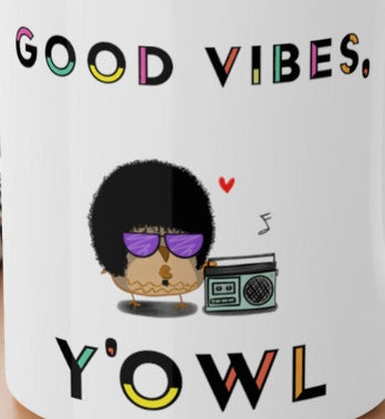 Funny Mug Good Vibes 70s and 80's Afro Style Owl With A Boombox Hip-Hop R&B Reggae Music For Dads