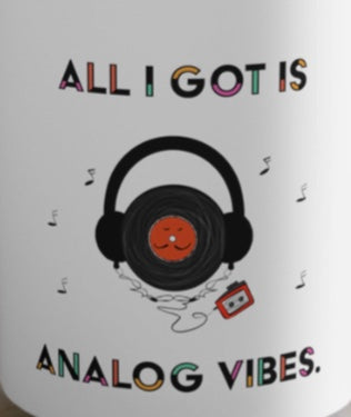 Good Vibes And Music Coffee Mug For Audiophile With A Cartoon Vinyl And Walkman Cassette Player joke 70' and 80's Music