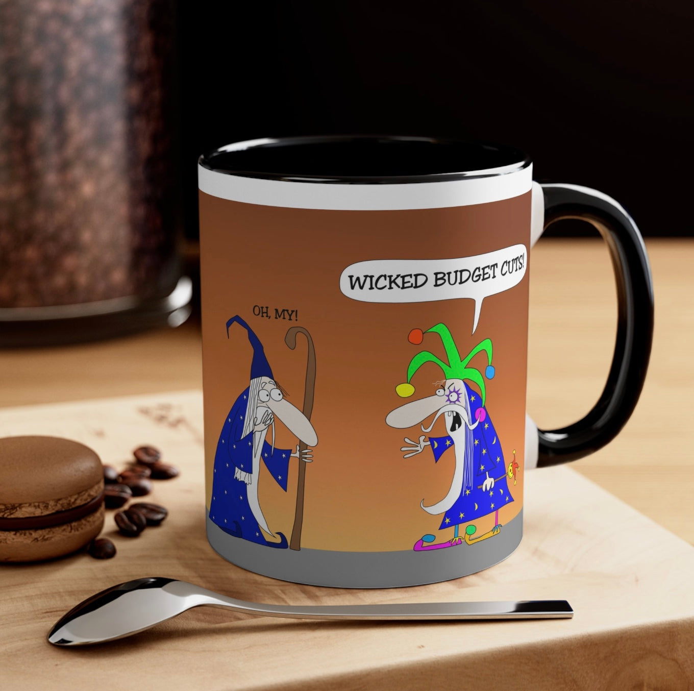 Two Funny Wizards With Stuff And Jester Hat The Magic Kingdom Budget Cuts Cartoon Two Tone Mug 11 0z