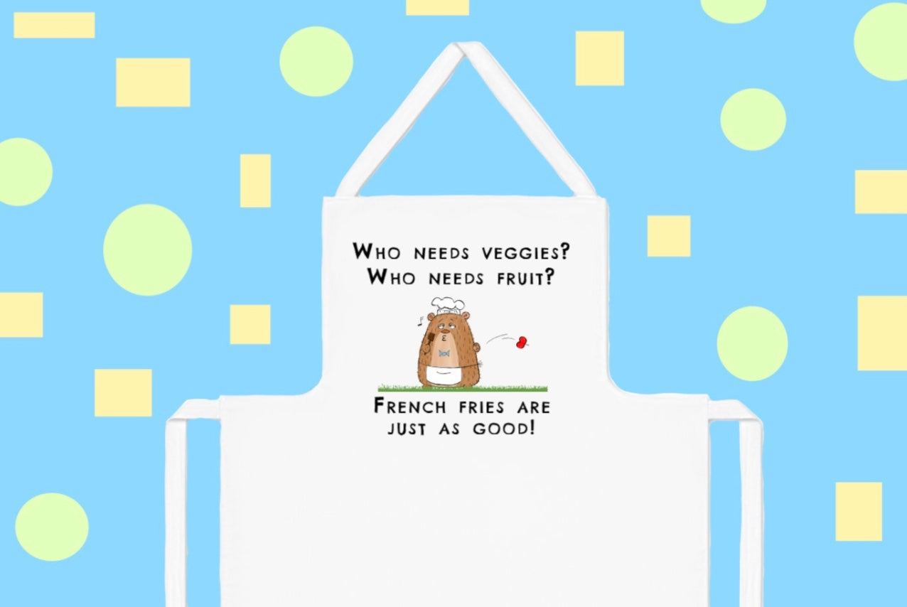 White Apron With Funny Brown Cartoon Bear Singing Funny Song About Apples French Fries And A Healthy Diet funny jingle