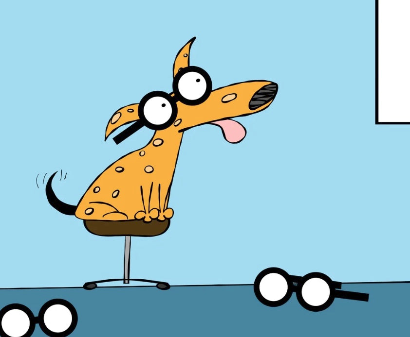 Funny Cartoon With Orange Dog In The Optometrist Office Wearing Reading Glasses fine art print