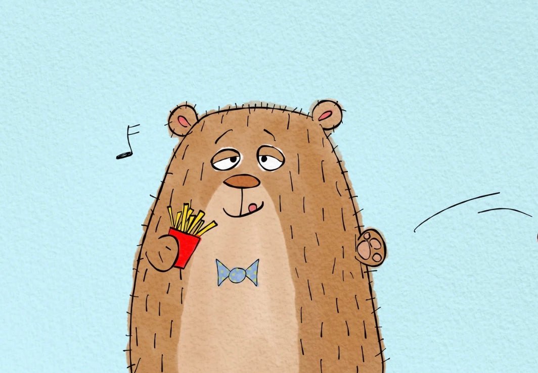 Funny Bear Eating Apple And French Fries Joke About FDA Food Pyramid And Nutrition print for kitchen or living room