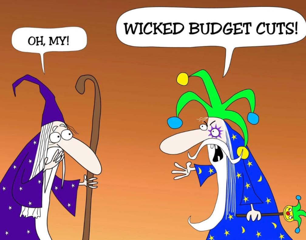 Real Economy Joke With Two Funny Wizards And Jester And The Budget Cuts And Management cartoon print