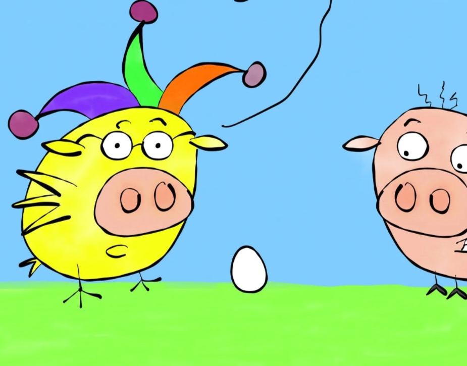 Funny Pigs With A Jester Hat And The Egg Joke About The Multitasking In The Office cartoon print