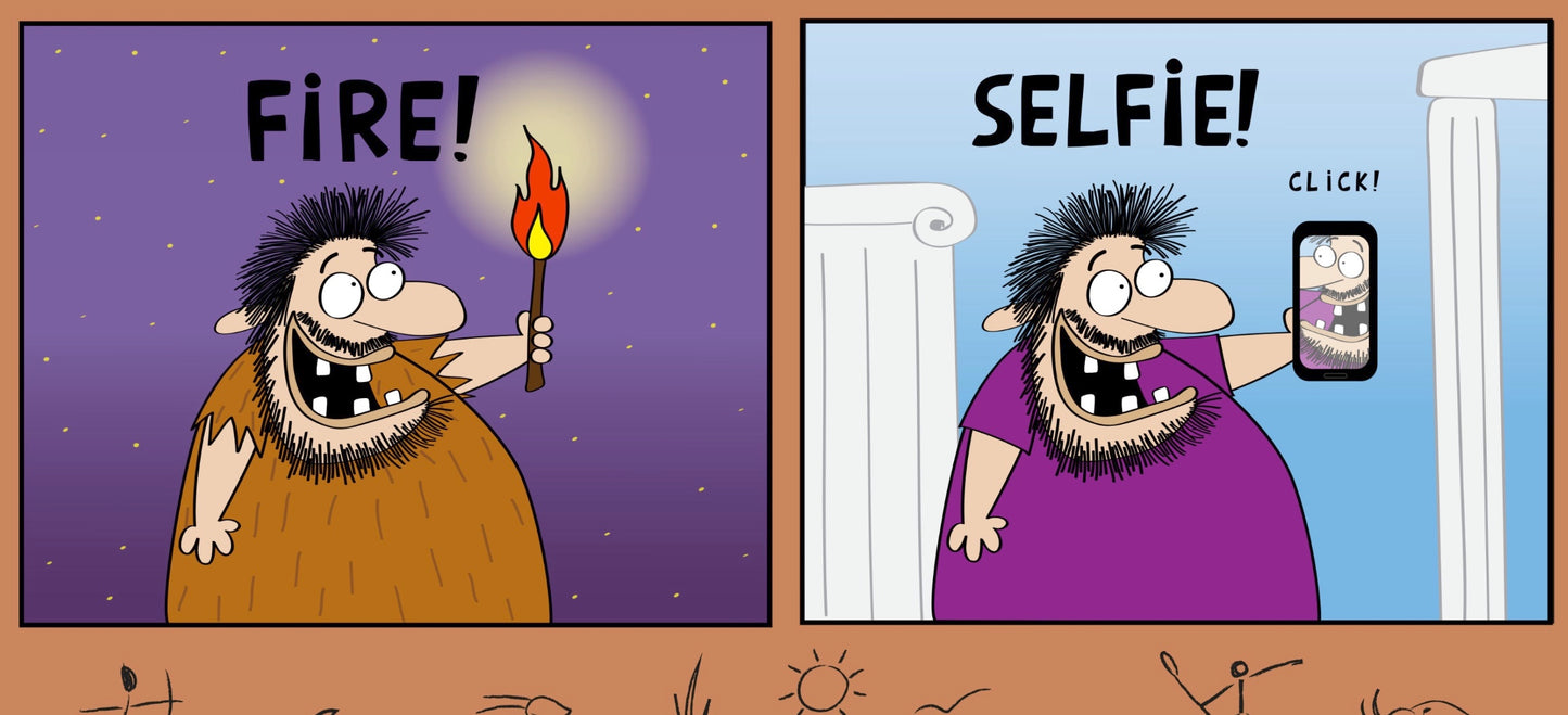 The Evolution Of Man From Caveman Making Fire To A Tourist Making Selfies With iPhone funny cartoon print