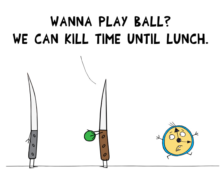 Kill Time Pun With 2 Knives Playing Ball and A Running Time Clock Accent Coffee Mug 11oz