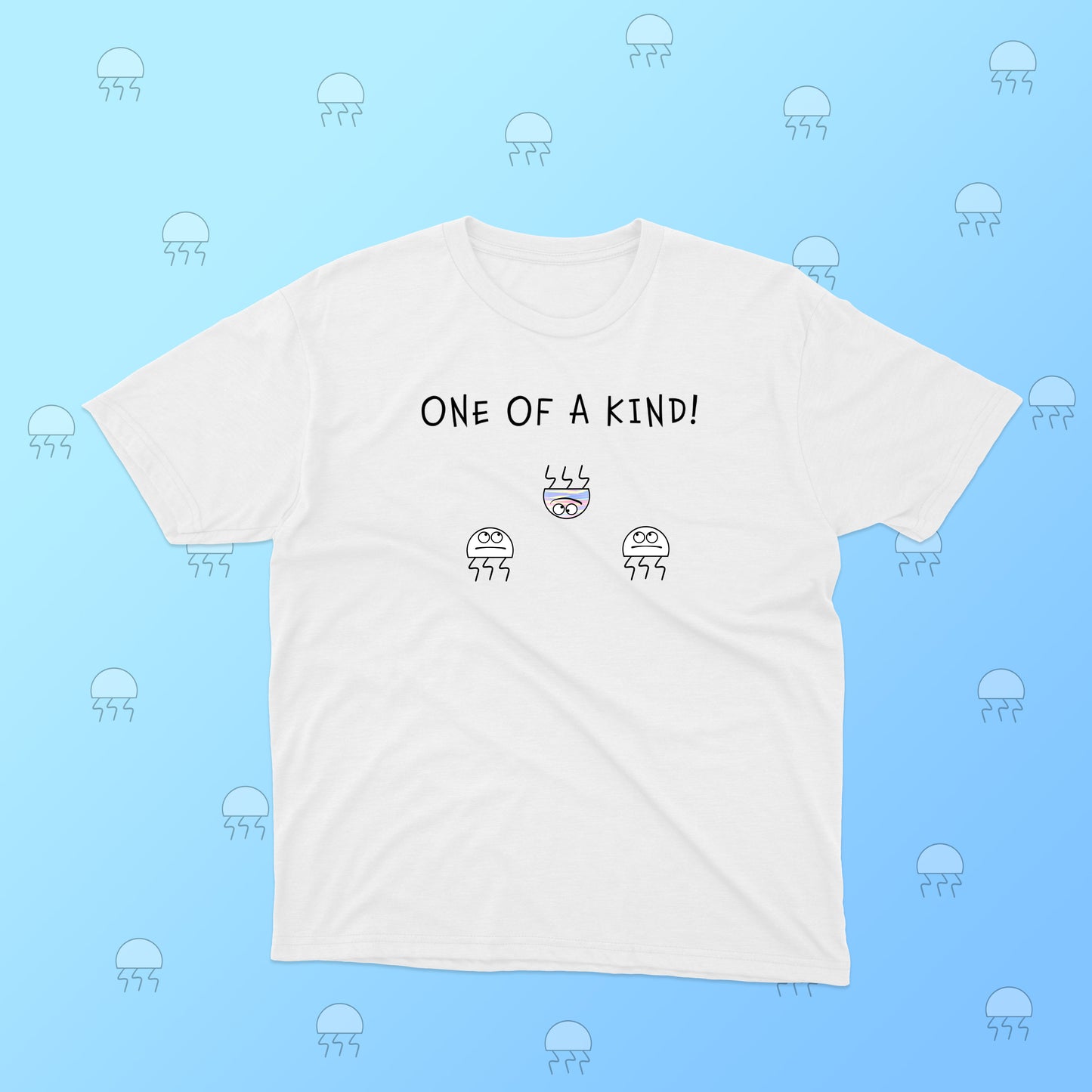 One Of A Kind Illustration With Funny Jellyfish Joke And Life On The Beach soft cotton t-shirt for boys