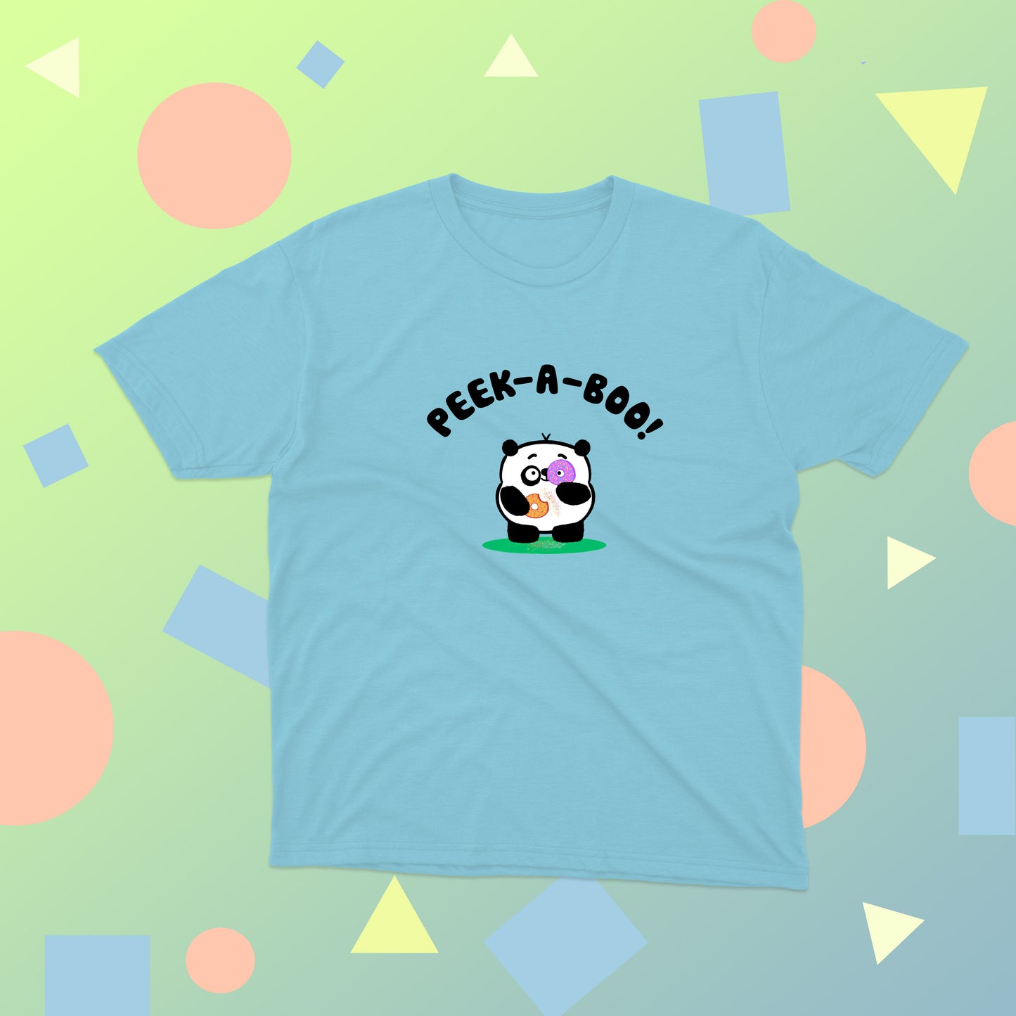 Cutest Panda Playing Peek-A-Boo With Delicious Doughnuts Colorful Cotton T-shirt for girls and toddlers