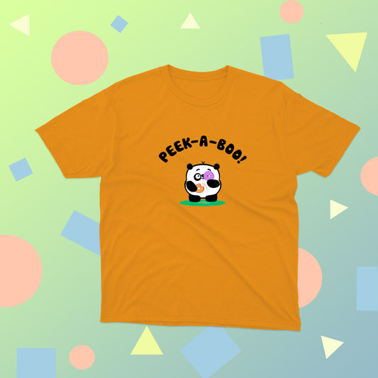 Cutest Panda Playing Peek-A-Boo With Delicious Doughnuts Colorful Cotton T-shirt for girls and toddlers