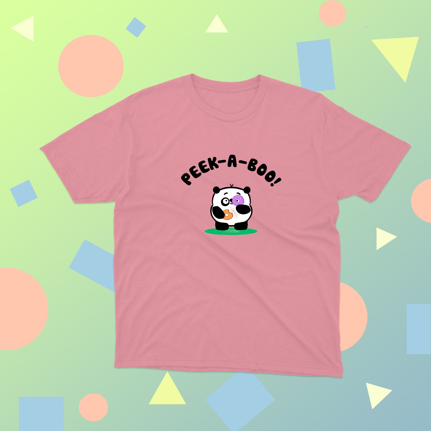 Cutest Panda Playing Peek-A-Boo With Delicious Doughnuts Colorful Cotton T-shirt for girls and toddlers