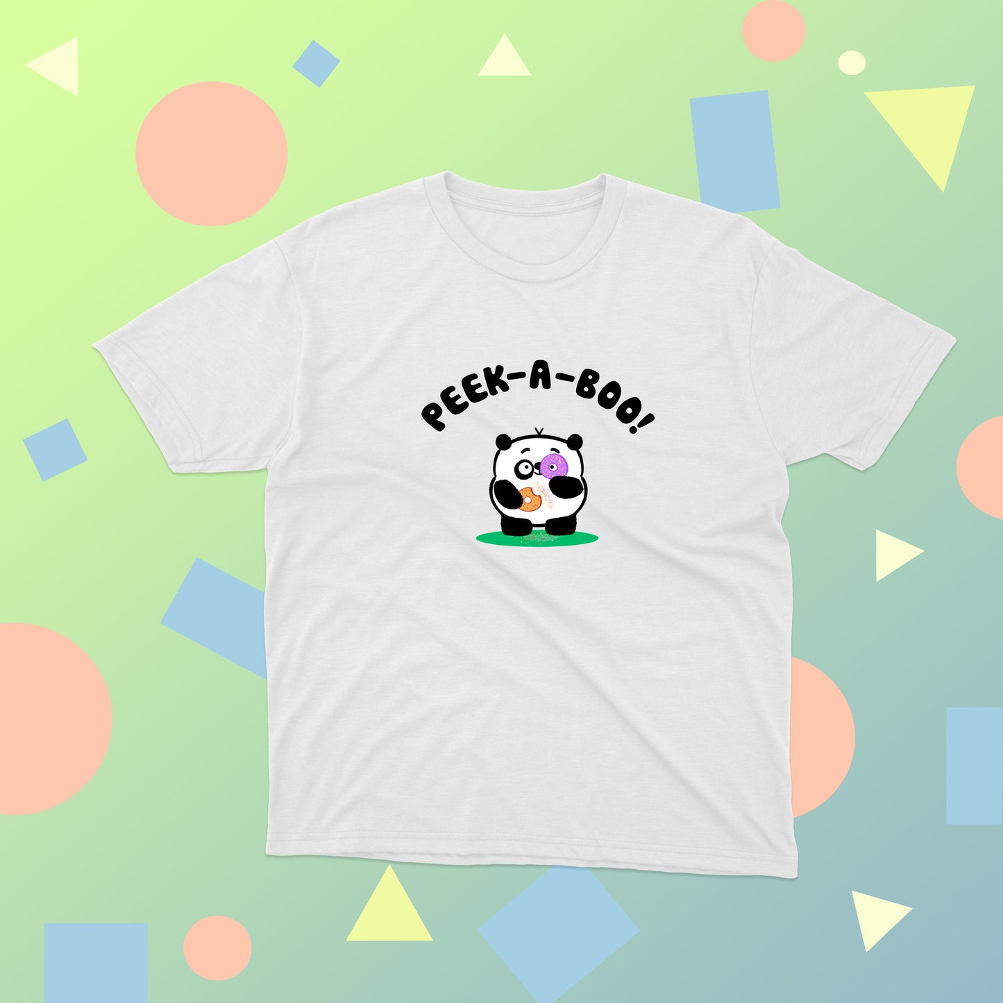 Cutest Panda Playing Peek-A-Boo With Delicious Doughnuts Colorful Cotton T-shirt for girls and toddlers