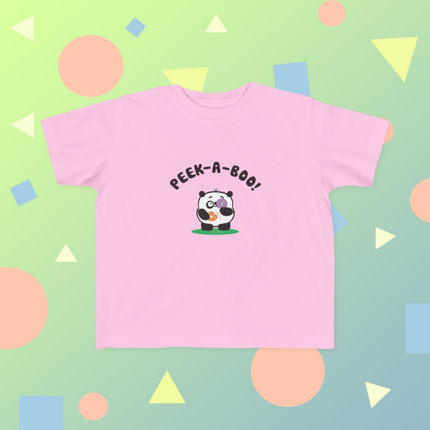 Cutest Panda Playing Peek-A-Boo With Delicious Doughnuts Colorful Cotton T-shirt for girls and toddlers