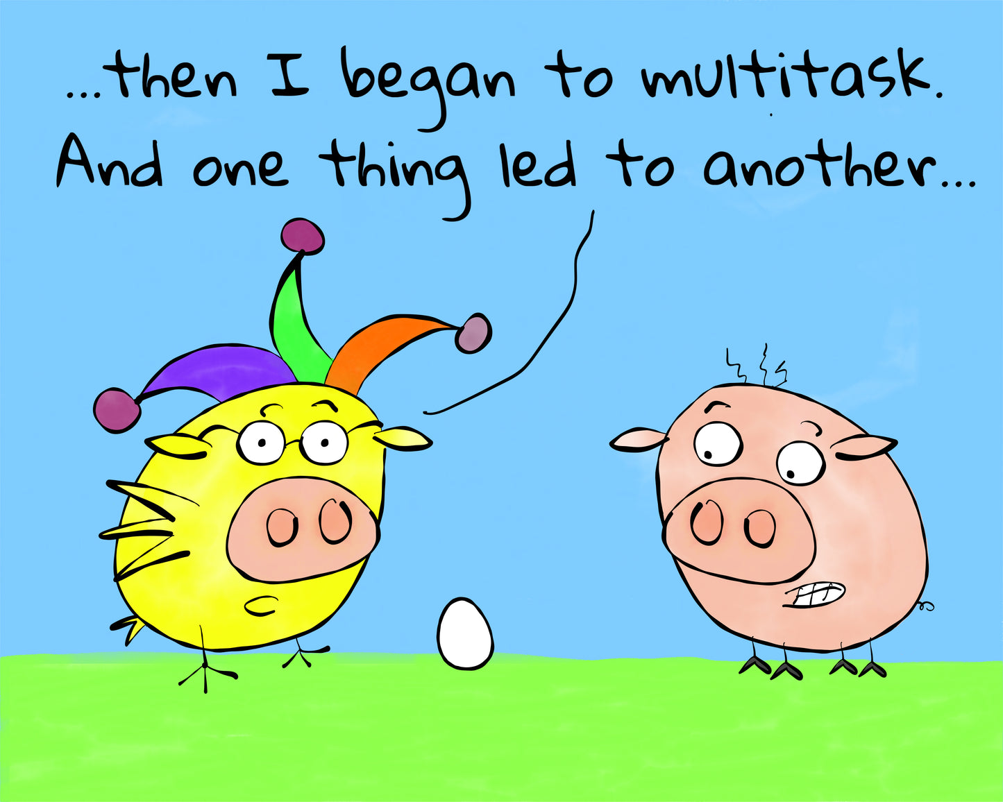 Funny Pigs With A Jester Hat And The Egg Joke About The Multitasking In The Office cartoon print