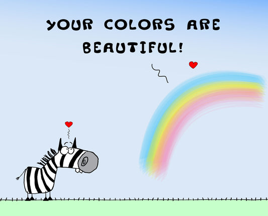 Funny Black And White Stripes Zebra and A Rainbow With Beautiful Colors Falling In Love high quality print